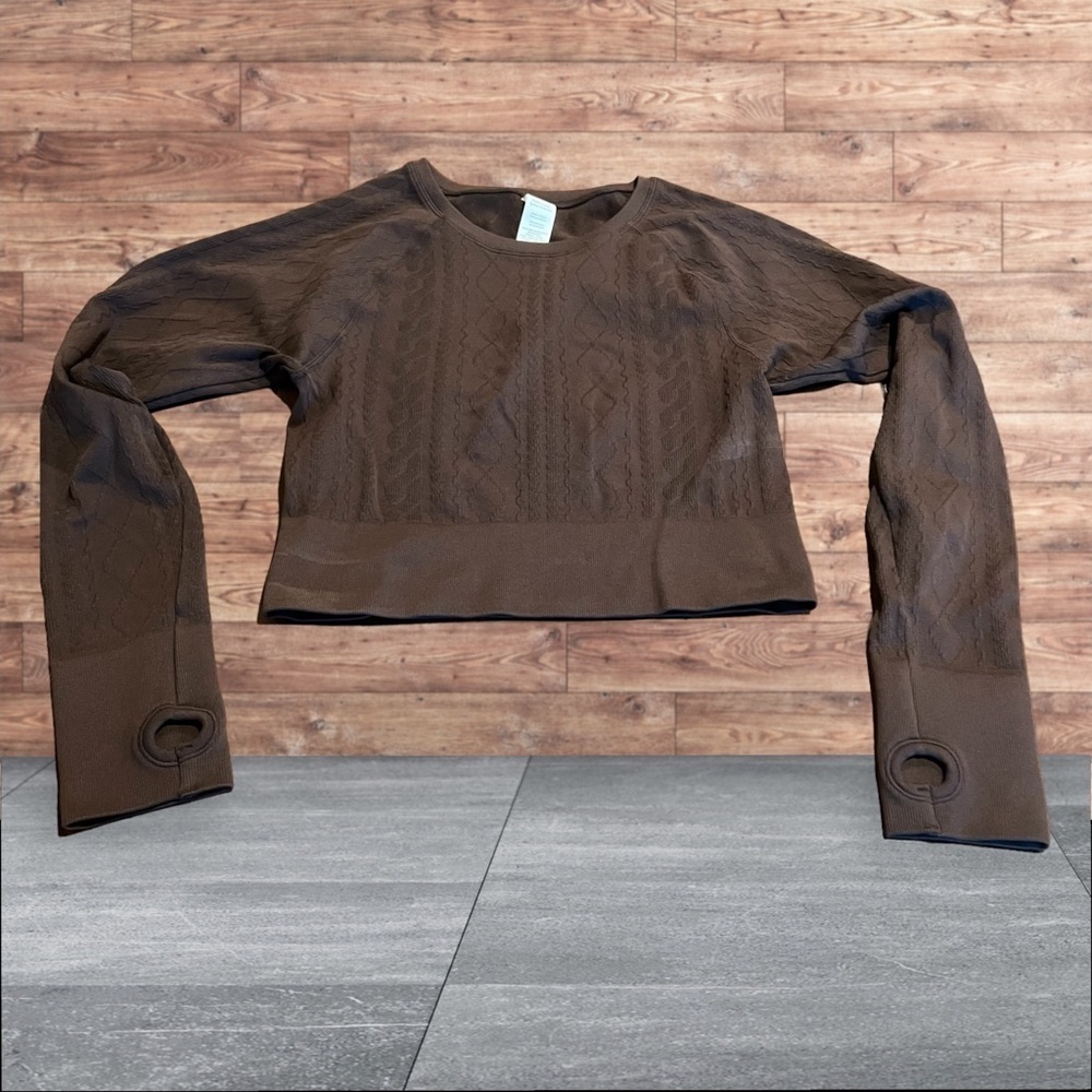 Joy Lab Women’s Brown Textured Stretch Crop Top Long Sleeve Thumb Hole Size XL